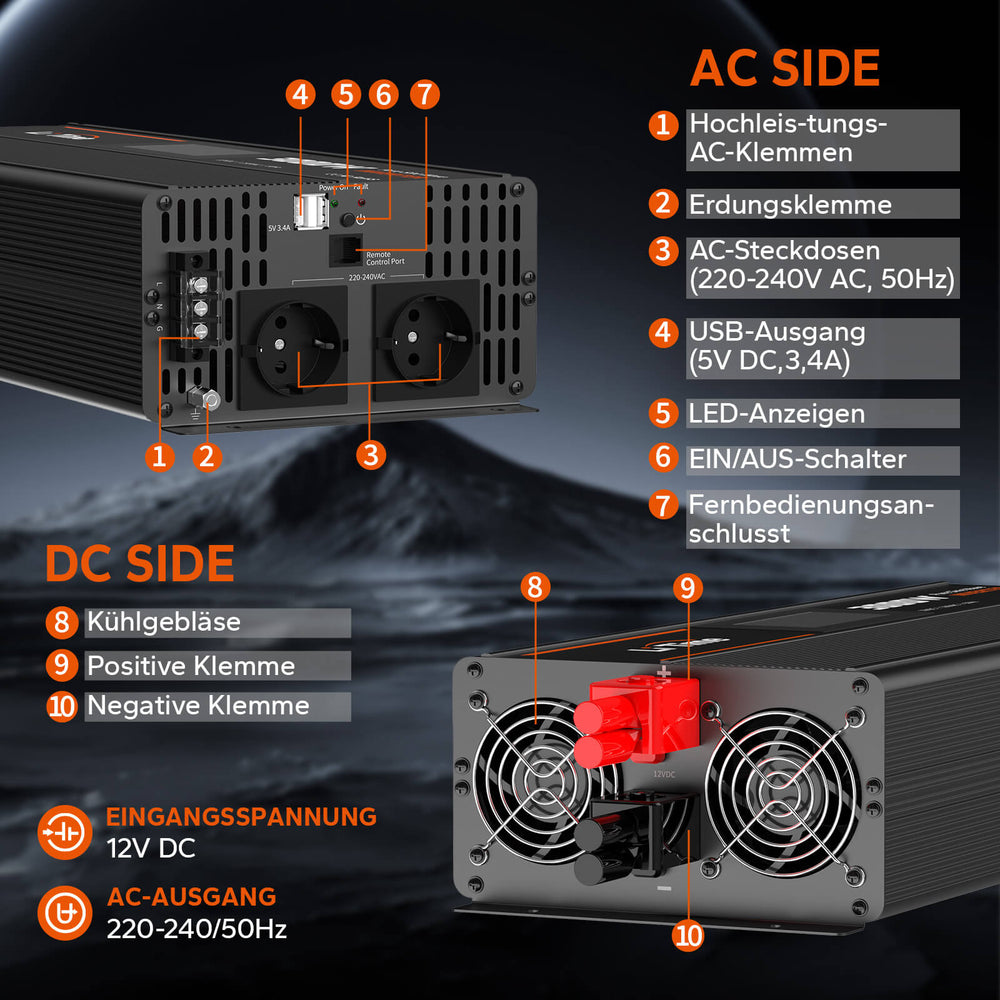 LiTime Inverter 3000W Onda Sinusoidale Pura 12V a 230V CA - LiTimeFR/IT/ES