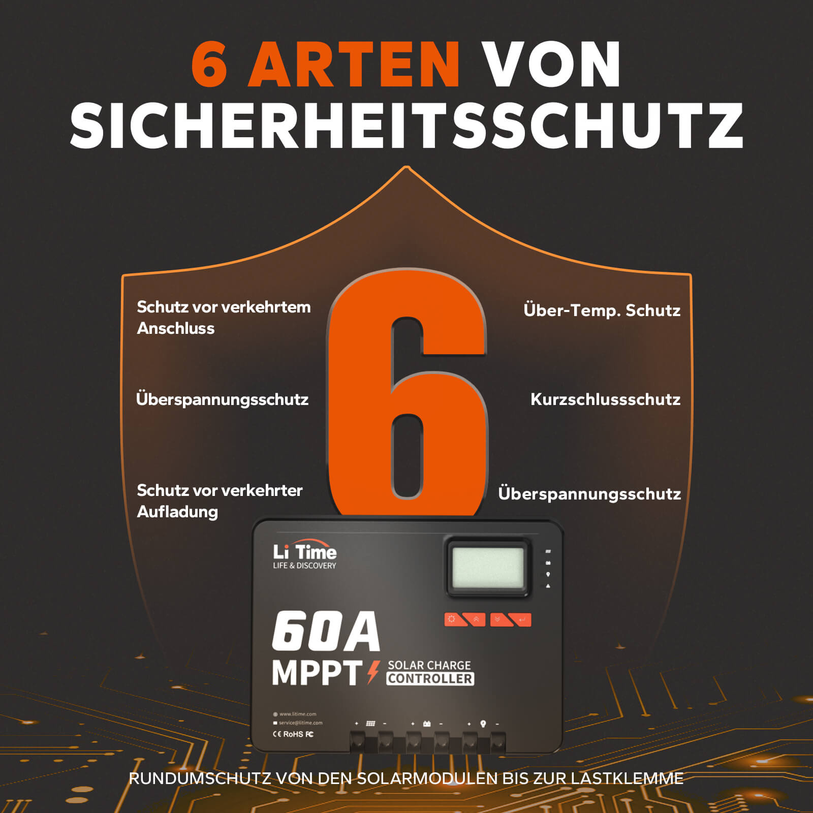 LiTime 60A 12V/24V/36V/48V MPPT Ingresso DC Auto Regolatore Solare Con Adattatore Bluetooth