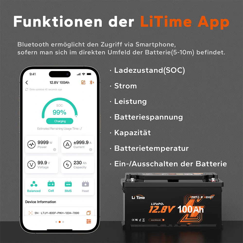 Funzioni dell'app LiTime per monitoraggio batteria LiFePO4 Bluetooth