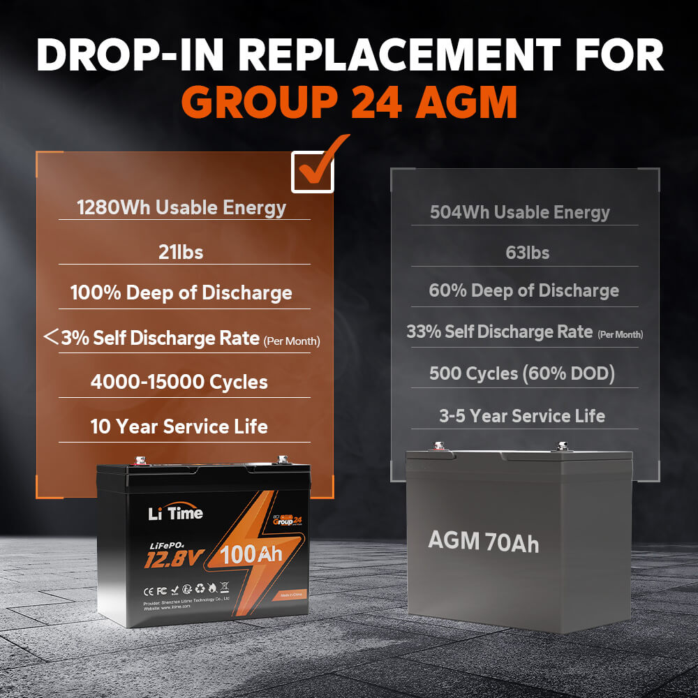 LiTime 12V 100Ah Group 24 Batteria al litio LiFePO4 a ciclo profondo - LiTimeFR/IT/ES