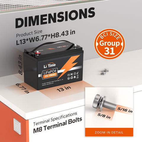 LiTime 12V 100Ah Batteria BCI 31