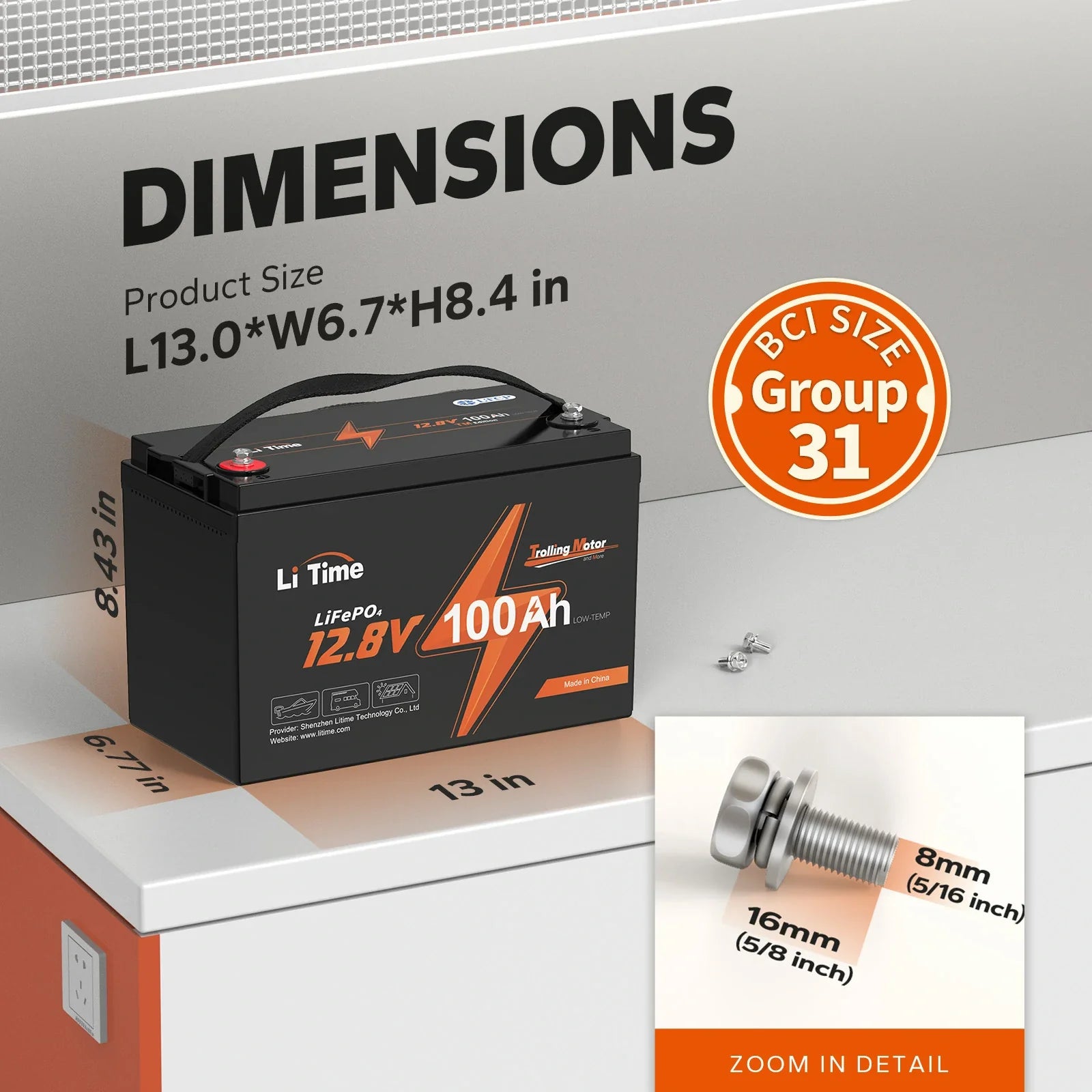 LiTime 12V 100Ah barca motore elettrico Batteria DIMENSIONS