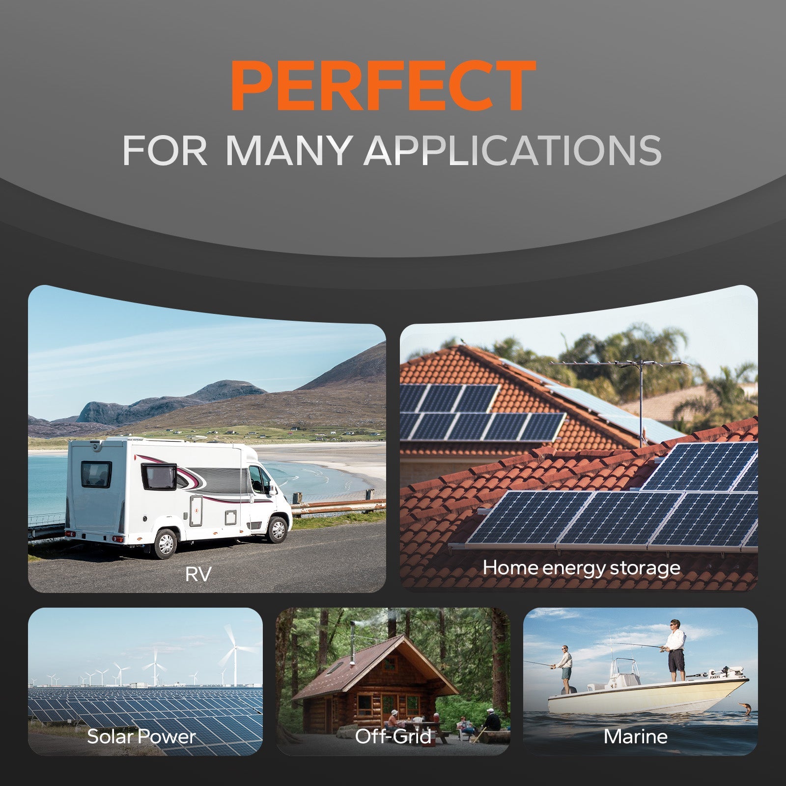 Multiple applications for LiTime 12V 280Ah battery, including RV, solar power, off-grid, and marine.