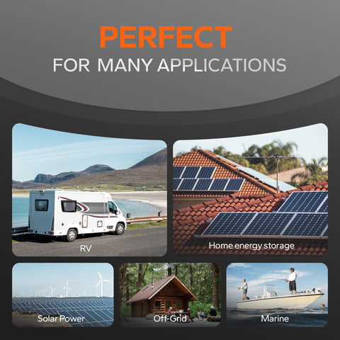 Multiple applications for LiTime 12V 280Ah battery, including RV, solar power, off-grid, and marine.