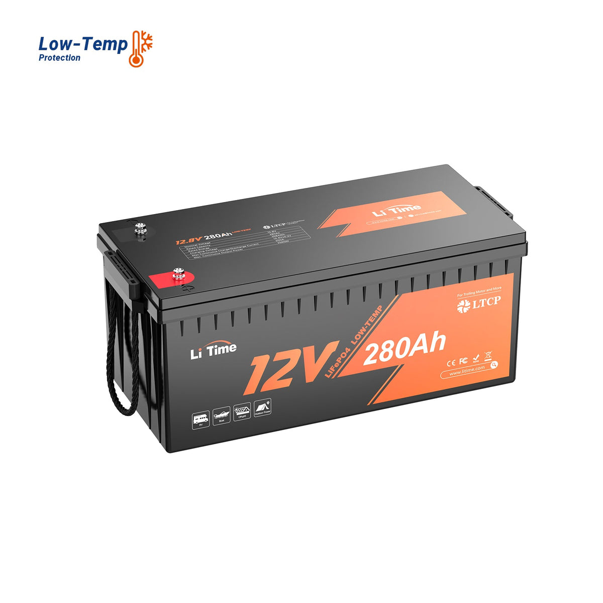 LiTime 12V 280Ah lithium battery with deep cycle and low-temperature protection features, designed for extended power in various environments.