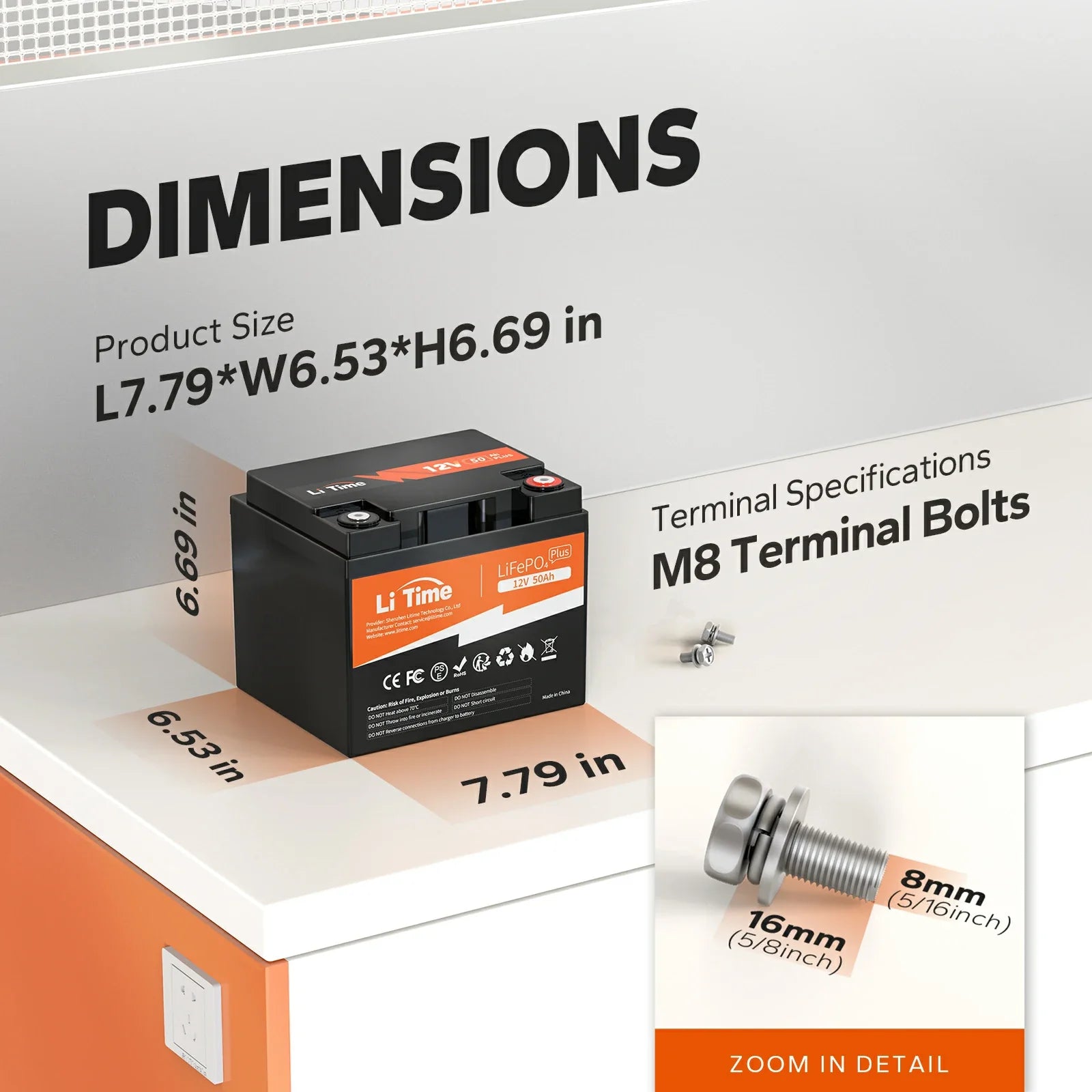 Batteria LiTime 12V 50Ah con dimensioni 7.79x6.53x6.69 pollici, bulloni terminali M8.