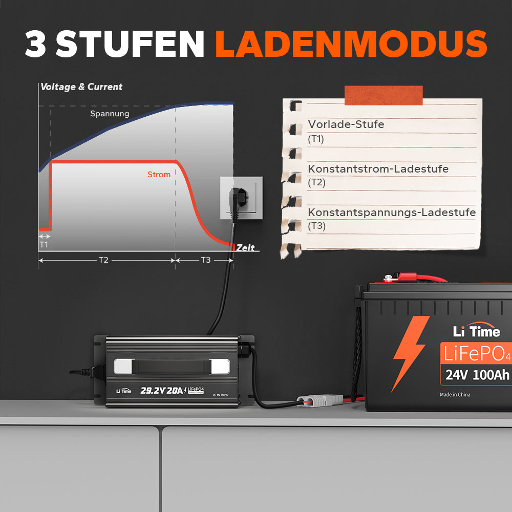 Design robusto in alluminio del caricabatterie LiTime LiFePO4