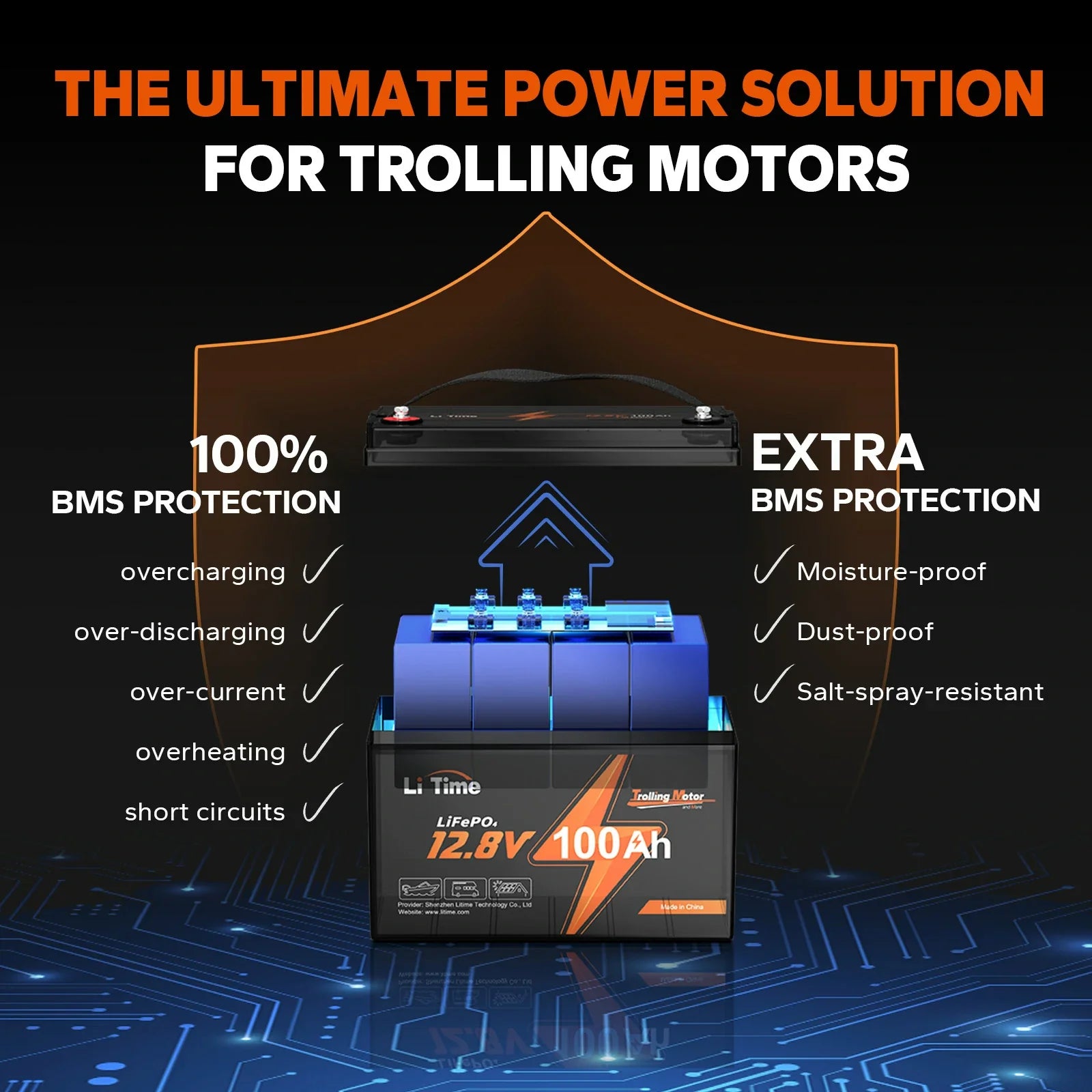 Batteria LiTime 12V 100Ah con protezione BMS, ideale per motori trolling e applicazioni marine.