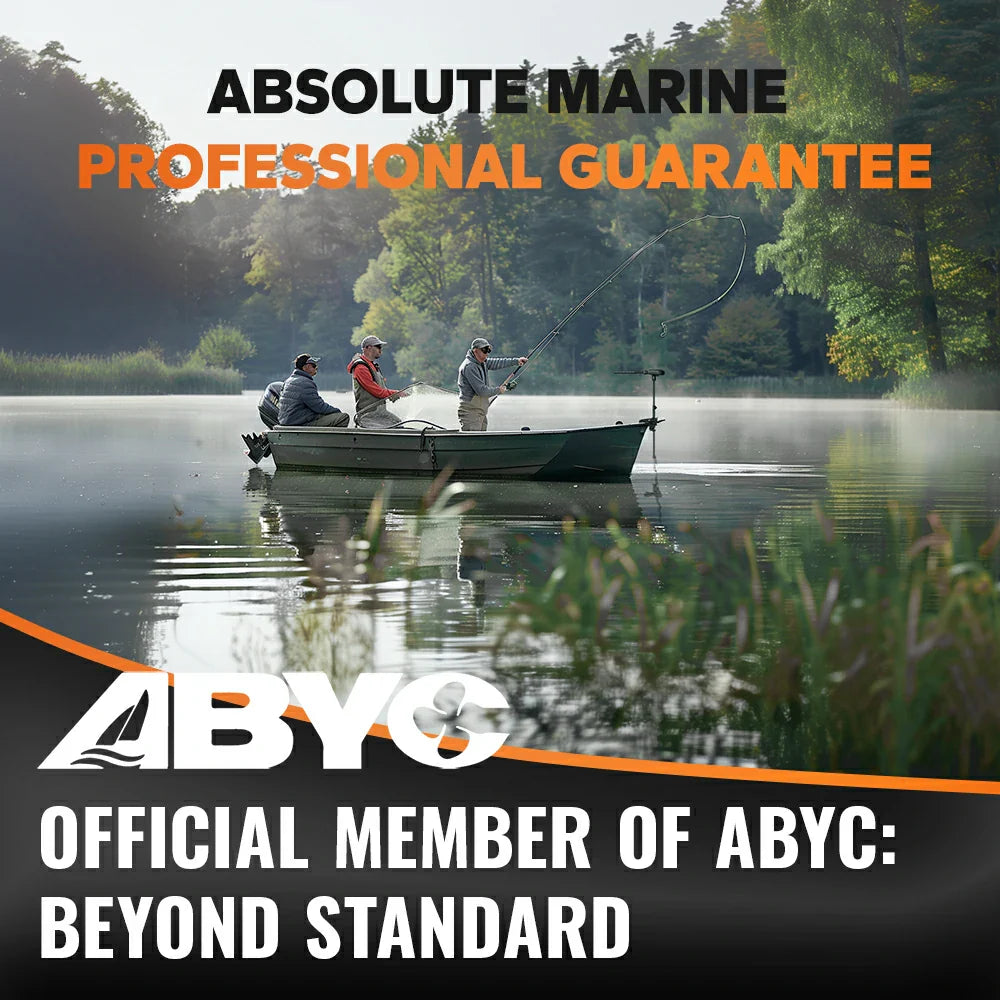 Three people fishing on a boat, highlighting the LiTime marine battery as an official member of ABYC with a professional guarantee for marine use.