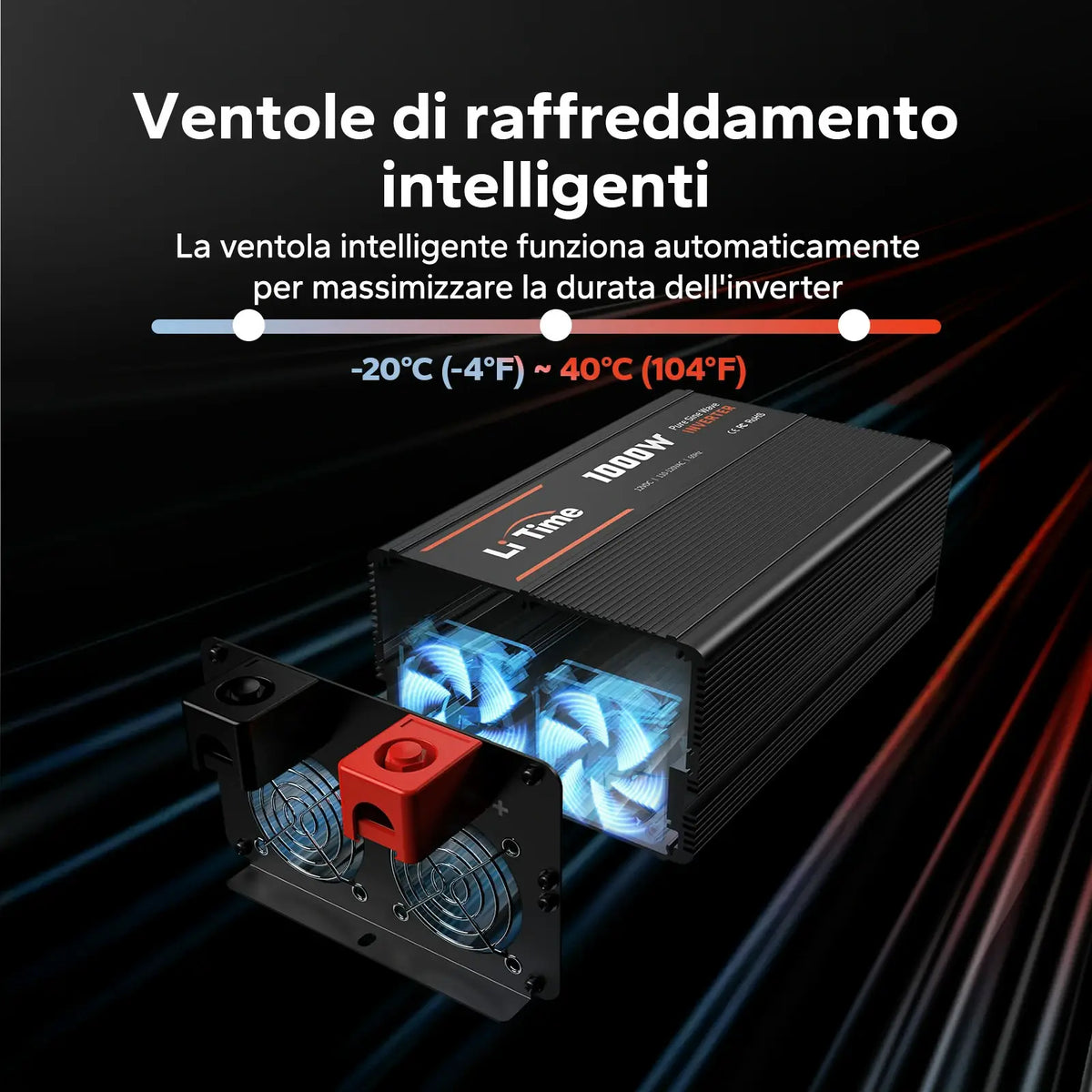 Ventole di raffreddamento intelligenti dell'inverter LiTime 1000 W con regolazione automatica in base alla temperatura.